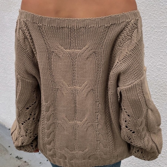 Boho Mocha Tan Off Shoulder Oversized Sweater - Picture 5 of 6